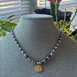 Handmade Lapis Lazuli + Hematite - Gold & Blue Beaded Necklace w/ Moon pendant